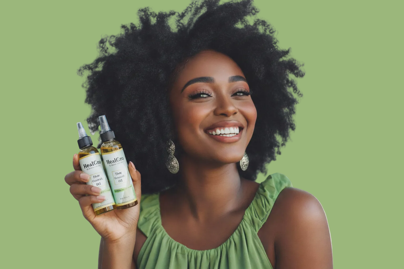 Woman holding hair care products with a mint background